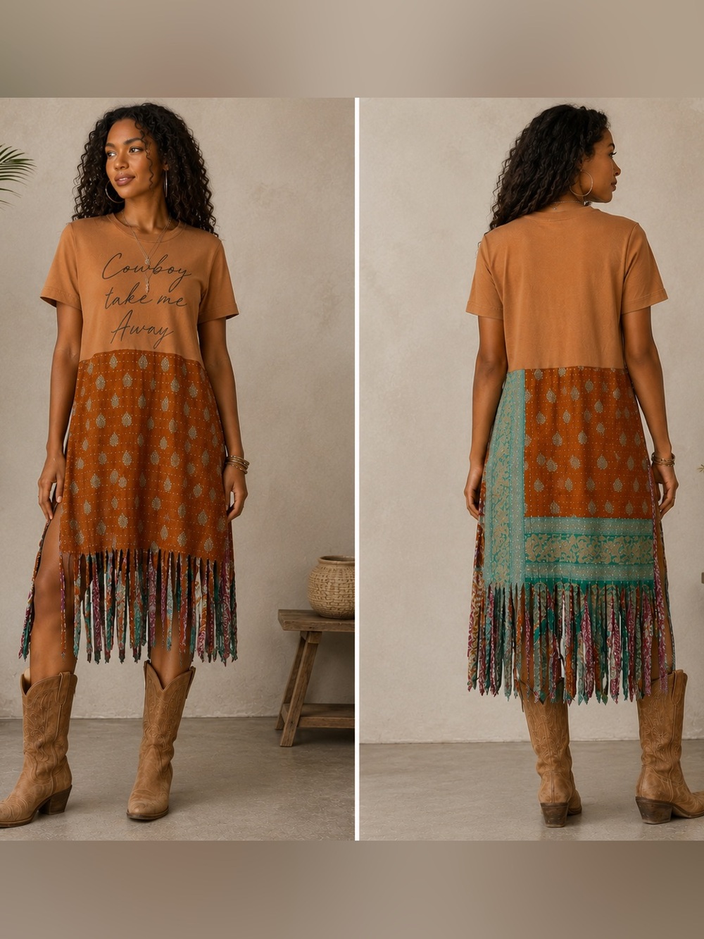 Upcycled High/low fringed kantha and cowboy graphic tshirt dress